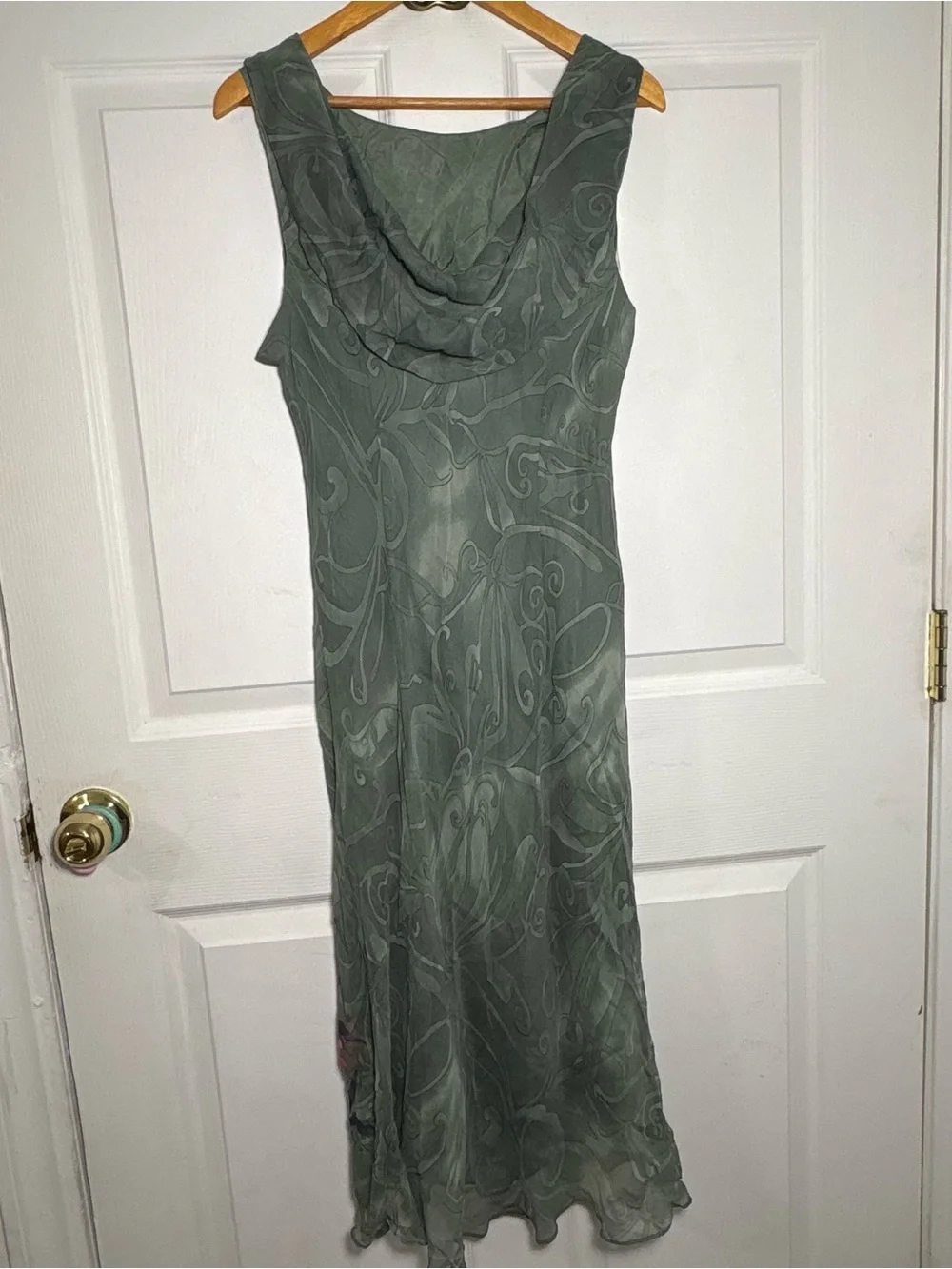 Vintage 90s 100% Silk Dress Women’s 14 Fairy Chiffon Sage Green Romantic Y2K